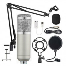 Микрофон конденсаторный серебро с пантографом комплект для блогеров , стриминга. USB звуковой адаптер, стойка, поп-фильтр, ветрозащита, паук в комплекте