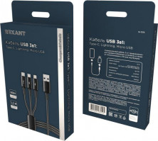 REXANT (18-7075) USB 3в1 Type-С (6A), Lightning (2,4A), micro USB (3A) 1,2м, в черной оплетке