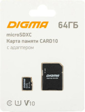 DIGMA Карта памяти microSDXC UHS-I U1 64 ГБ, 70 МБ/с, Class 10, CARD10, 1 шт., переходник SD [dgfca064a01]