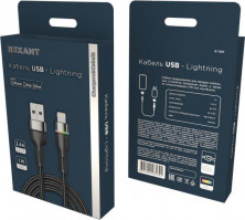 REXANT (18-7059) USB-A - Lightning для Apple, 2,4А, 1м, в черной нейлоновой оплетке, с LED подсветкой