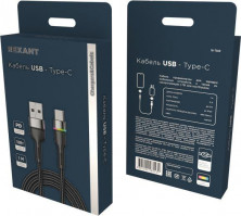 REXANT (18-7065) USB-A - Type-C, 3А, 18Вт, 1м, в черной нейлоновой оплетке, с LED подсветкой