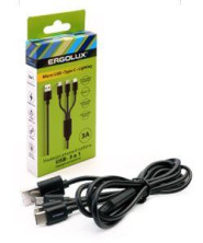 ERGOLUX (15099) ELX-CDC05-C02 (Кабель 3в1- Micro USB-Lightning-Type C, 3А, 1,2м, Черный, Зарядка, Коробка)